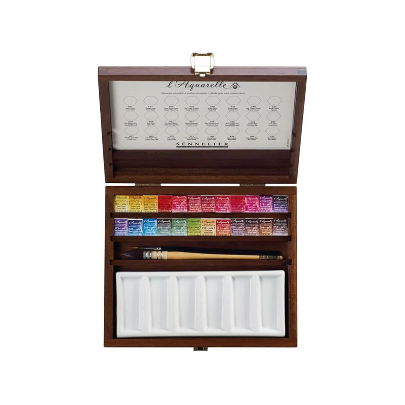 Set Culori acuarelă  Sennelier - 24x recipient de 1/2 + accesorii, cutie din lemn