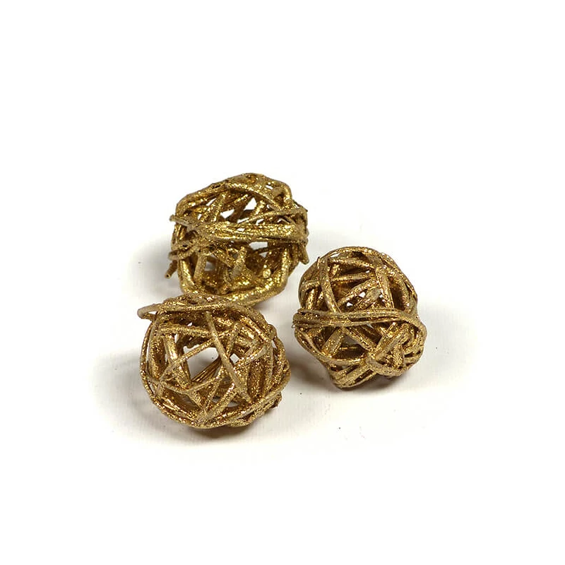 Plante uscate - Bilă de trestie, sclipici auriu metalic, 3 cm, 3 buc