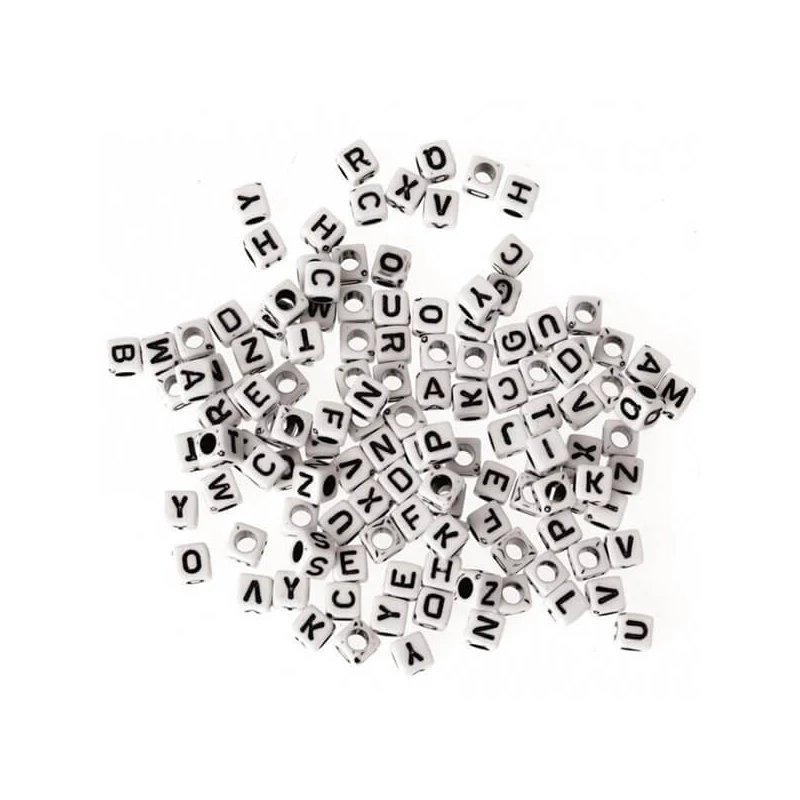 Mărgele litere din plastic, 7 mm - alb-negru