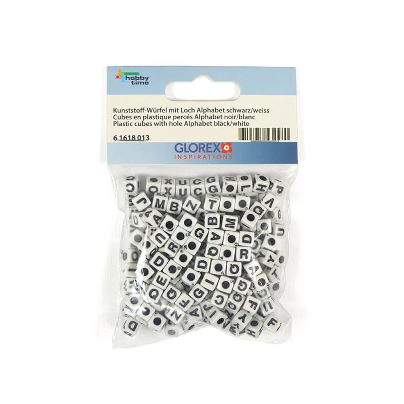 Mărgele litere din plastic, 7 mm - alb-negru