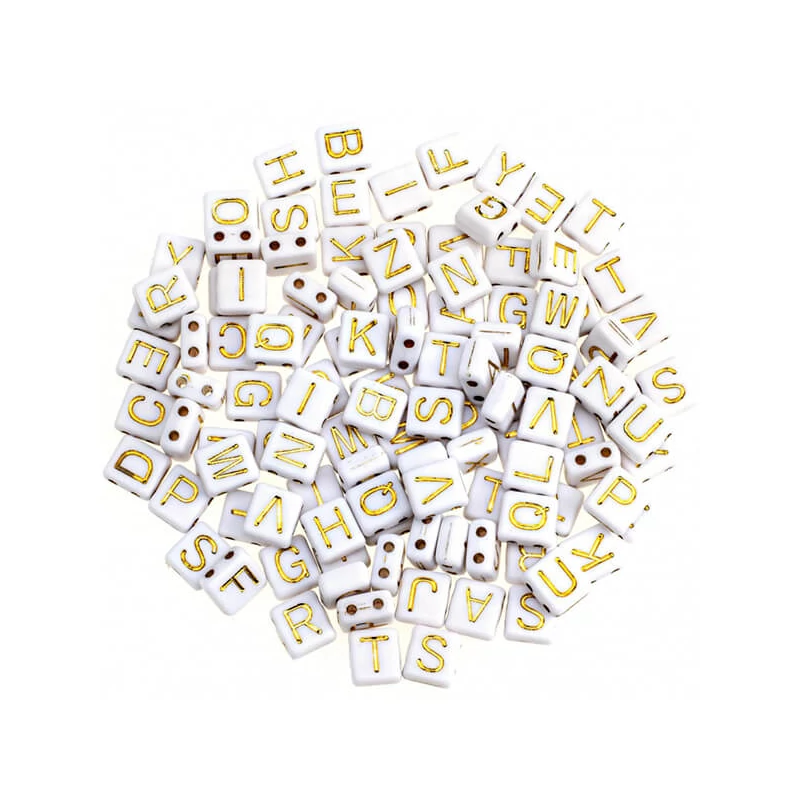 Mărgele litere din plastic, 7x8 mm - alb-aurie, două găuri