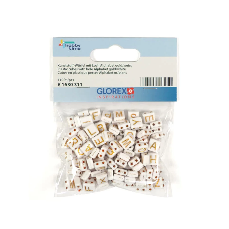 Mărgele litere din plastic, 7x8 mm - alb-aurie, două găuri