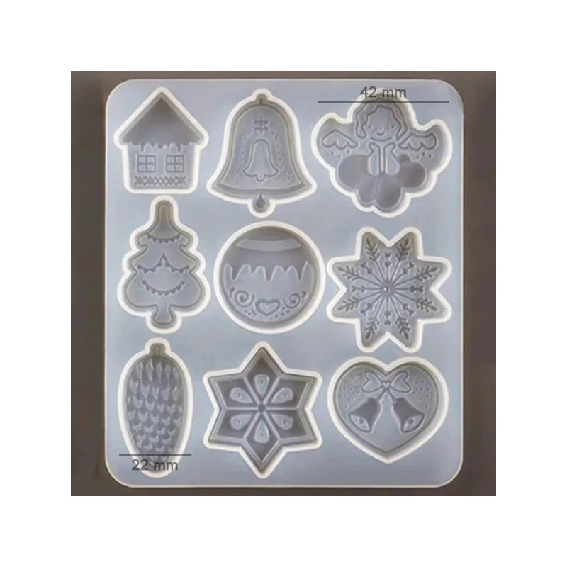 Matriță de turnare și presare din silicon pentru rășină sintetică, Fimo - decorațiuni plate de Crăciun, 9 tipuri