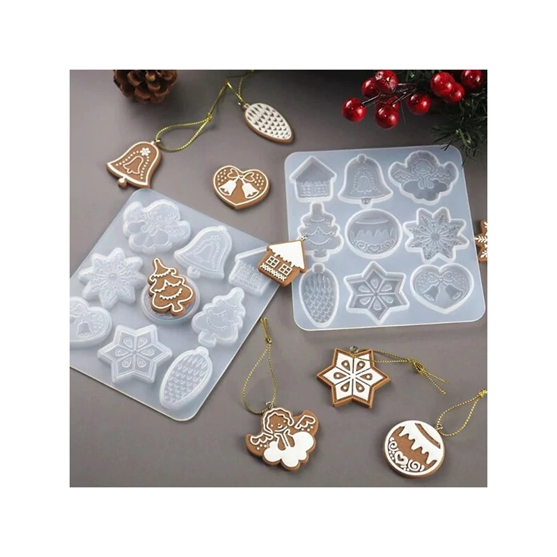 Matriță de turnare și presare din silicon pentru rășină sintetică, Fimo - decorațiuni plate de Crăciun, 9 tipuri