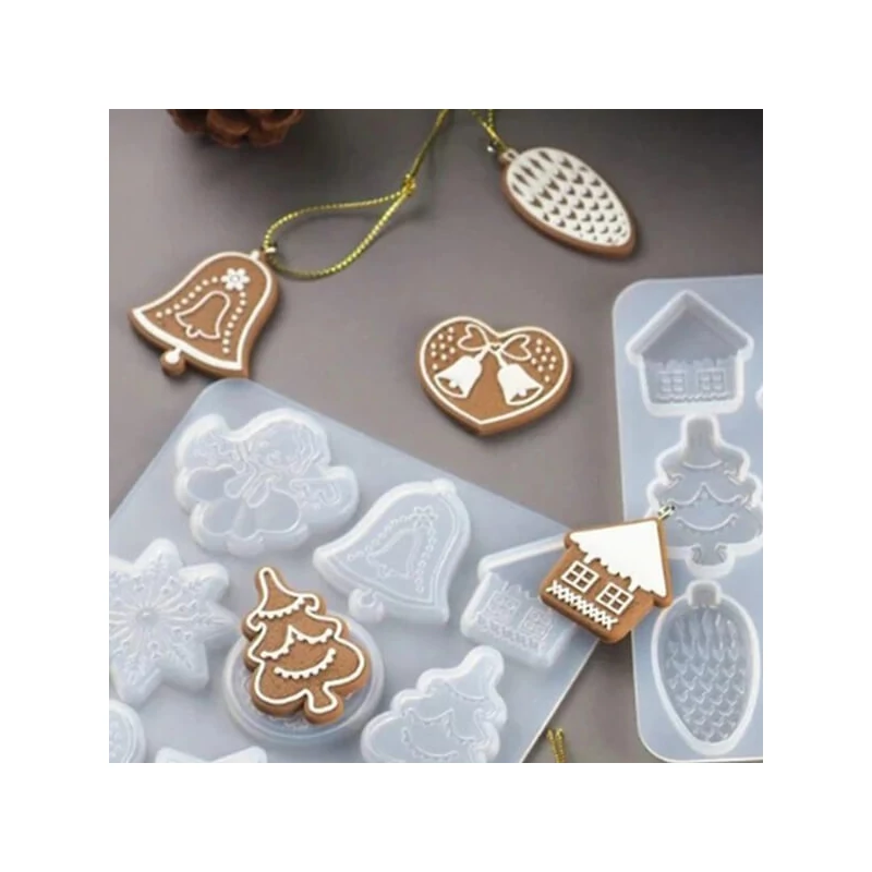 Matriță de turnare și presare din silicon pentru rășină sintetică, Fimo - decorațiuni plate de Crăciun, 9 tipuri