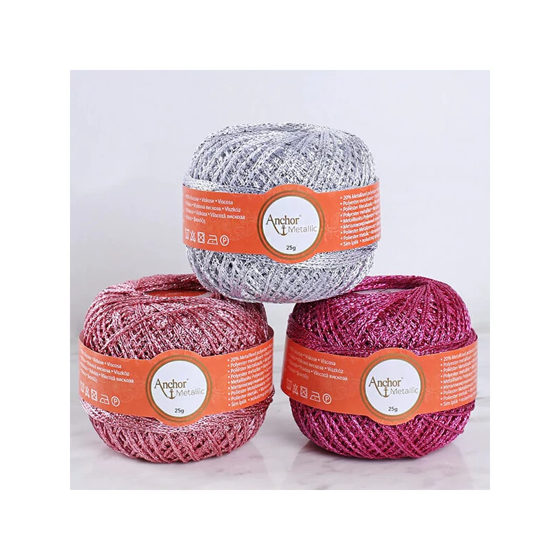 Set croșetat, Anchor Metallic - Inimioare, roz, argintiu