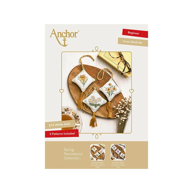 Kit broderie cu punct de cruce,  Anchor  Spring Decorations  - Flori de primavara, galben