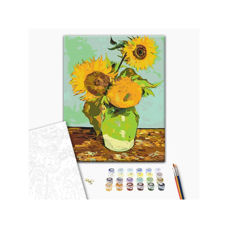 Set pictură pe numere, pe pânză întinsă, 40x50 cm - Van Gogh: Vază cu trei floarea soarelui