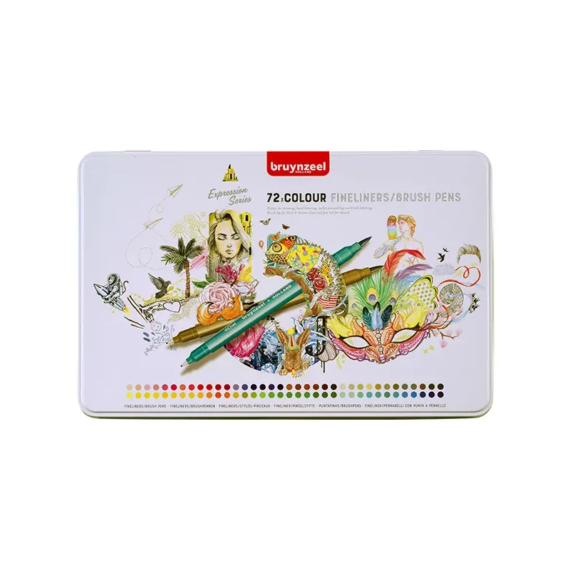 Bruynzeel Fineliner Brush pen marker cu două vârfuri   în set - 72 buc, în cutie metalcă