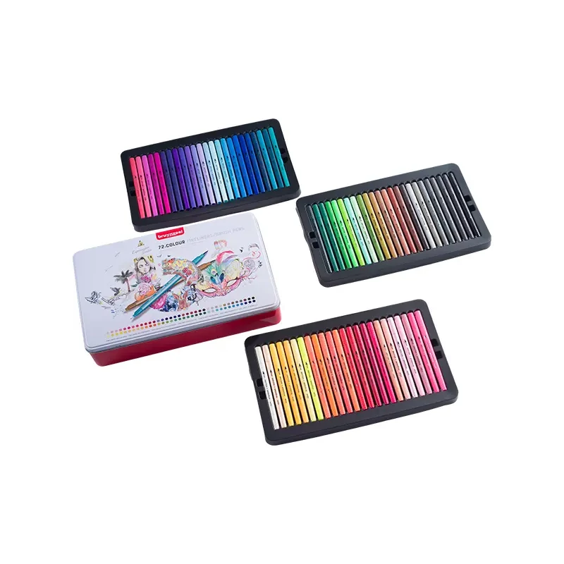 Bruynzeel Fineliner Brush pen marker cu două vârfuri   în set - 72 buc, în cutie metalcă