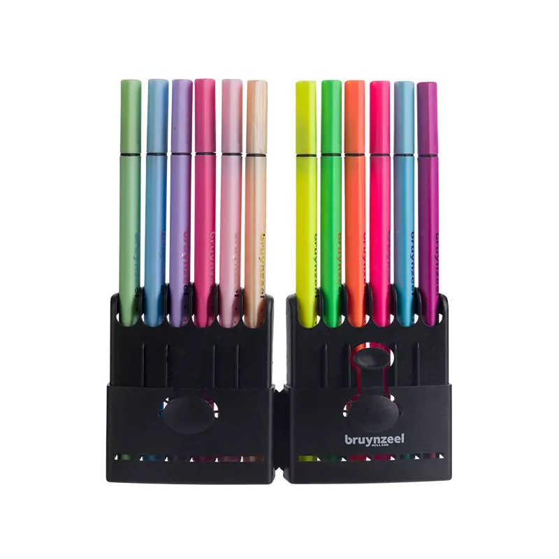 Bruynzeel Fineliner set de stilouri cu ac de pâslă în suport de plastic - 12 bucăți, culori neon și pastelate