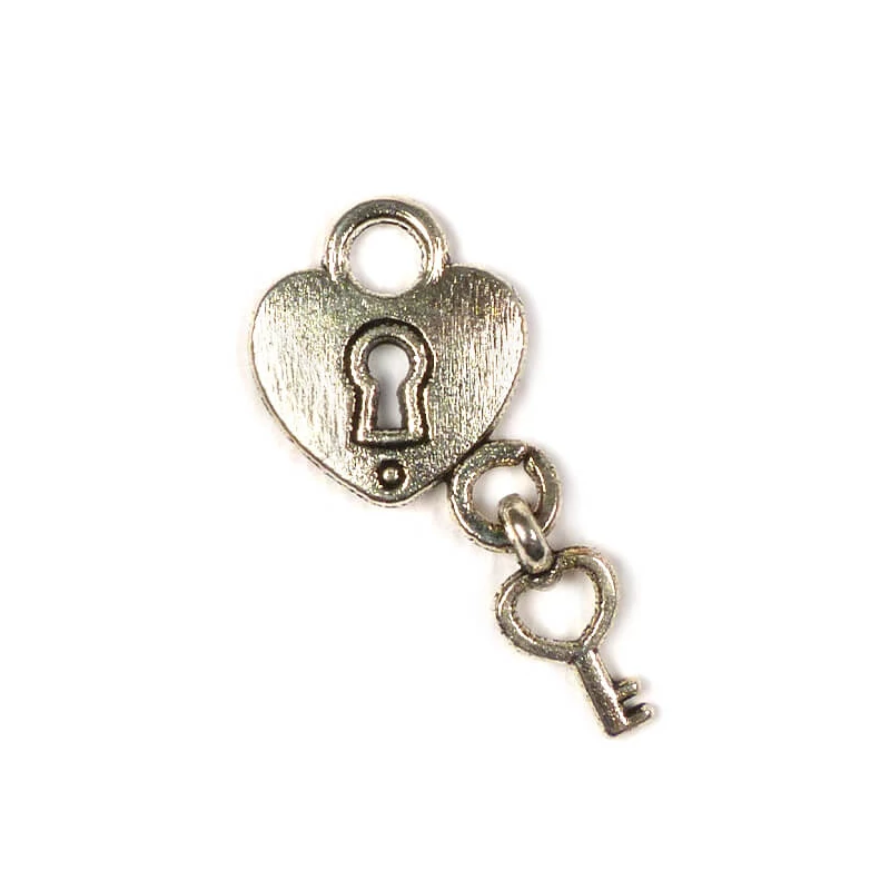 Charm, ornament metalic, 4 buc - lacat inima cu cheie, 3D