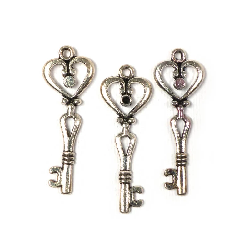 Charm, ornament metalic, 3 buc - cheie, inimă, 3D