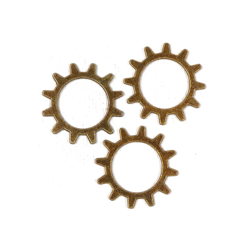 Charm, ornament metalic, 3 buc - roată, 12 dinți, ax mare, 3D, antic