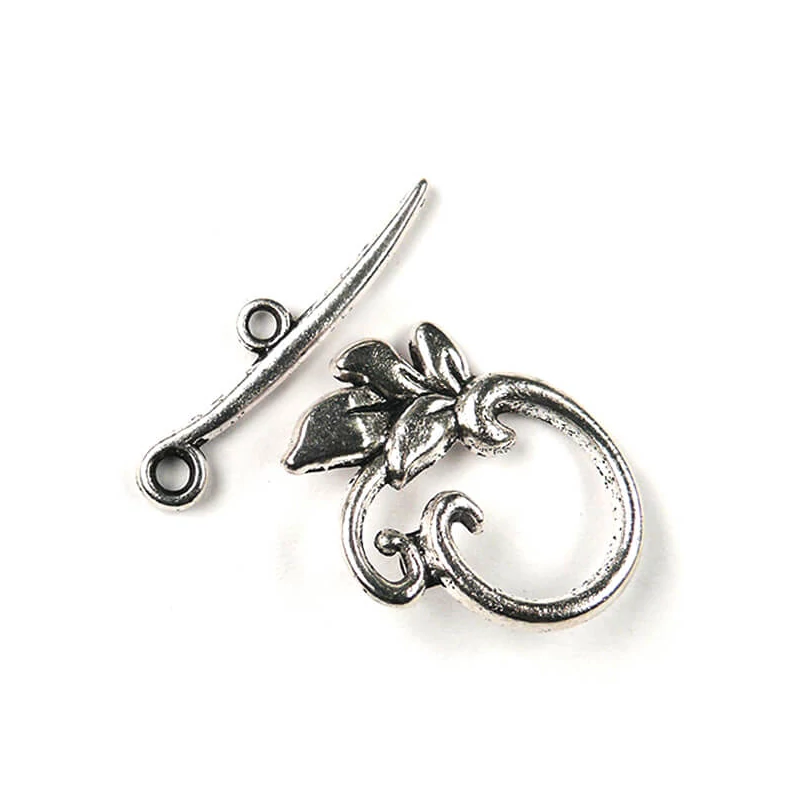 Charm, ornament metalic, 2 perechi - clemă în T, frunze, culoare argintie
