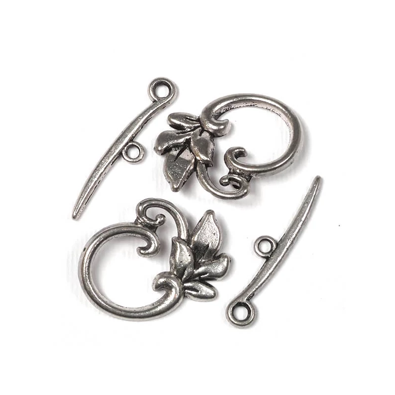 Charm, ornament metalic, 2 perechi - clemă în T, frunze, culoare argintie