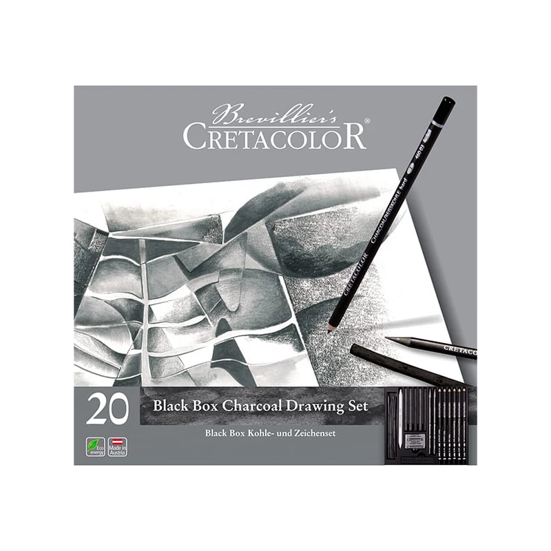 Set desen cărbune Cretacolor Black Box - 20 buc, cutie metalică