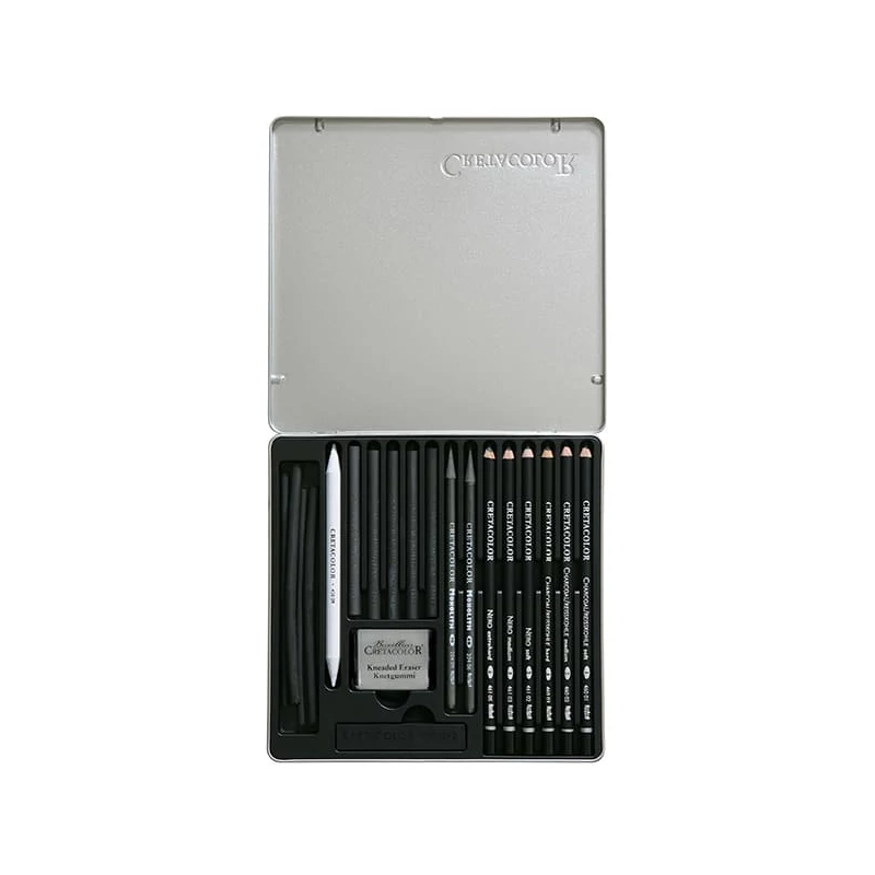 Set desen cărbune Cretacolor Black Box - 20 buc, cutie metalică