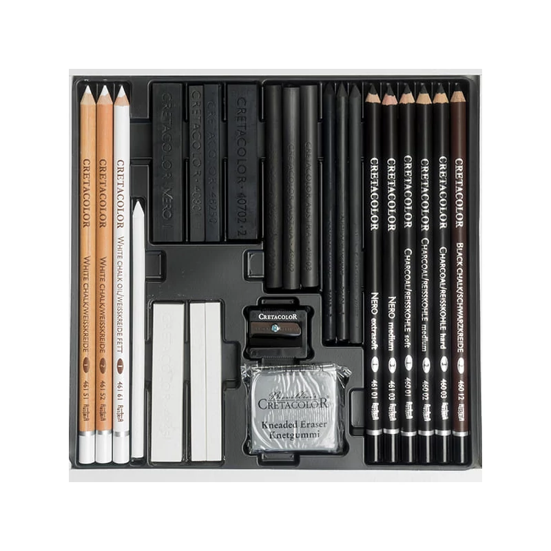 Set de desen Cretacolor Black & White, 25 buc, cutie din lemn