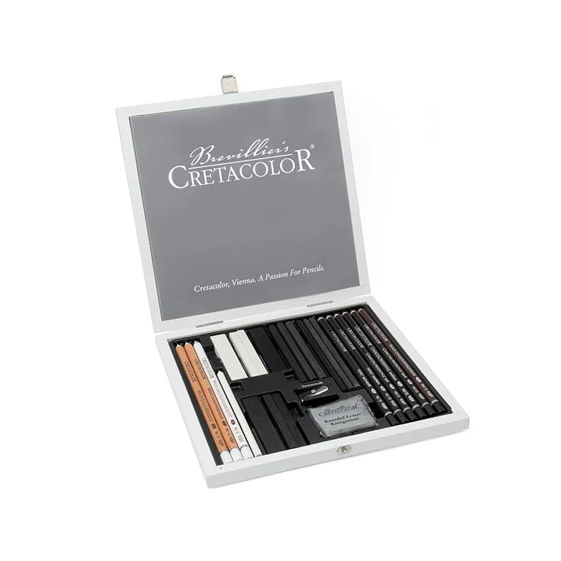 Set de desen Cretacolor Black & White, 25 buc, cutie din lemn