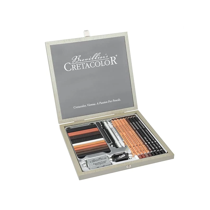 Set de desen și schiță  Cretacolor Passion Box, 25 bucati, cutie din lemn