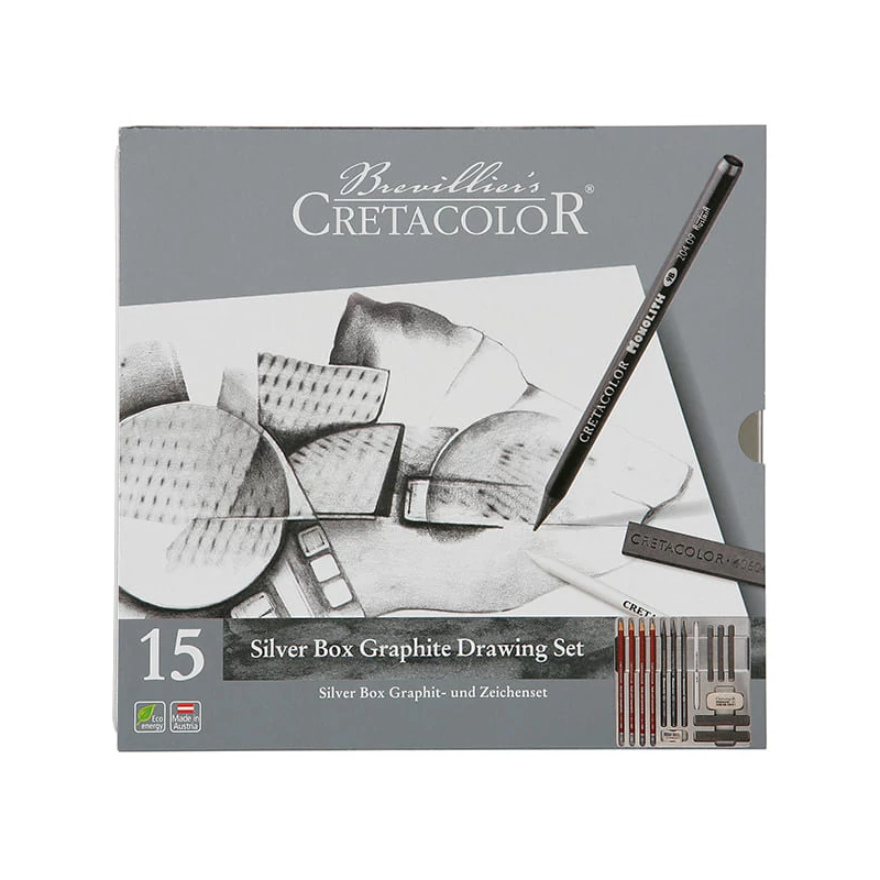 Set de desen din grafit Cretacolor Silver Box, 15 piese, cutie metalica
