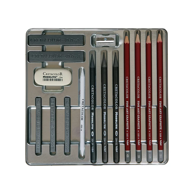 Set de desen din grafit Cretacolor Silver Box, 15 piese, cutie metalica