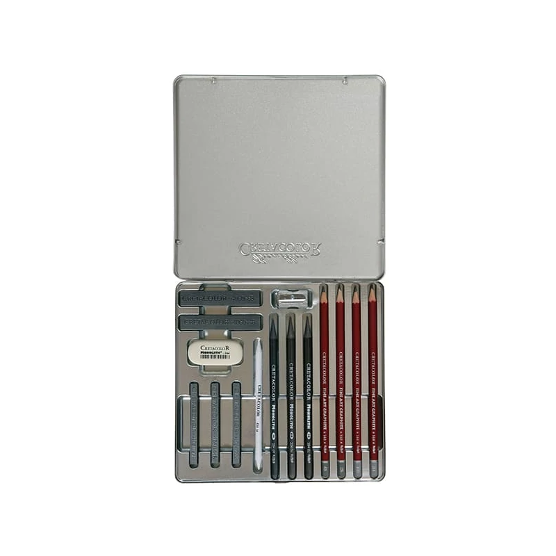 Set de desen din grafit Cretacolor Silver Box, 15 piese, cutie metalica