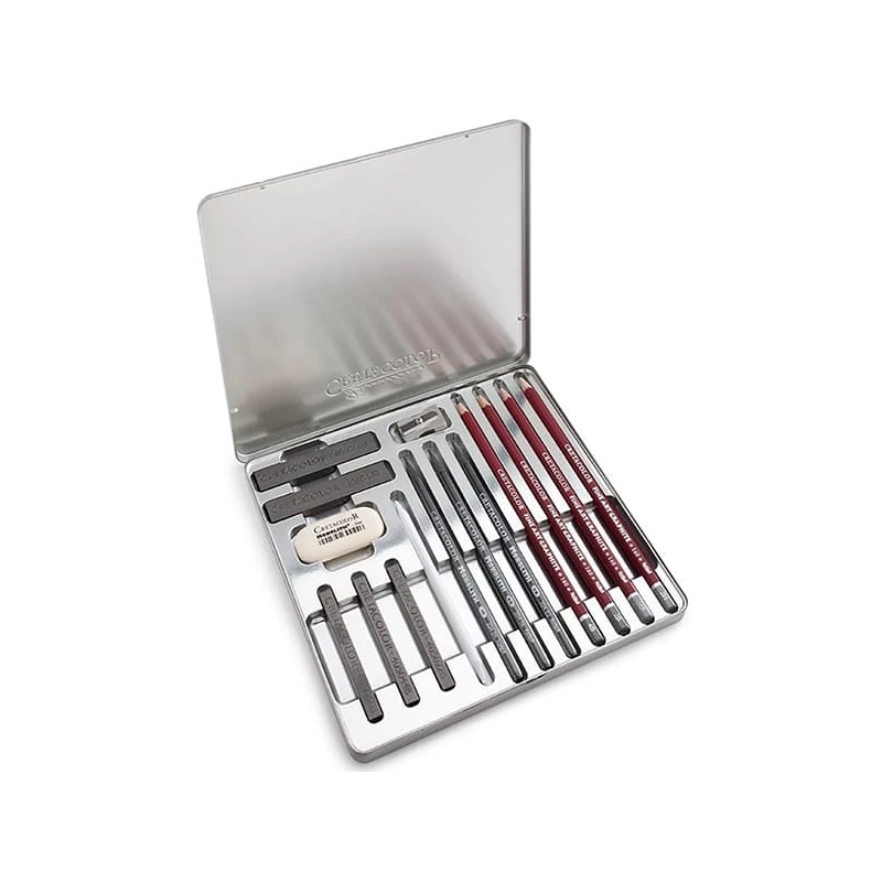 Set de desen din grafit Cretacolor Silver Box, 15 piese, cutie metalica