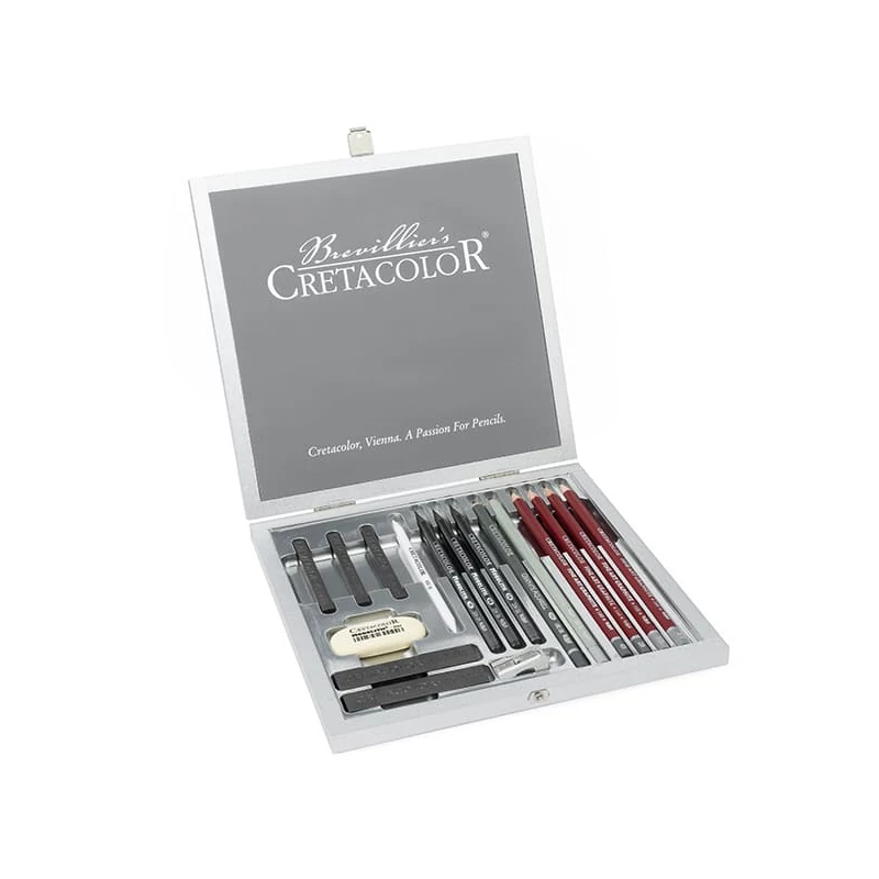 Set de desen grafit Cretacolor Silver Box, 17 buc, cutie din lemn