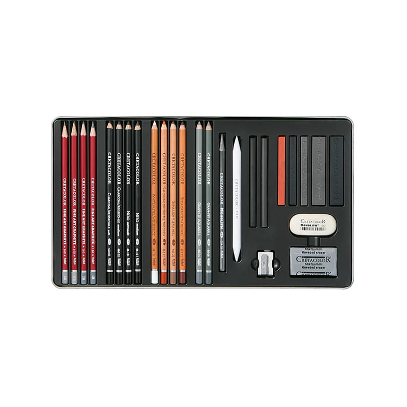 Set avansat de desen și schițe Cretacolor Teachers' Choice, 26 buc., cutie metalică