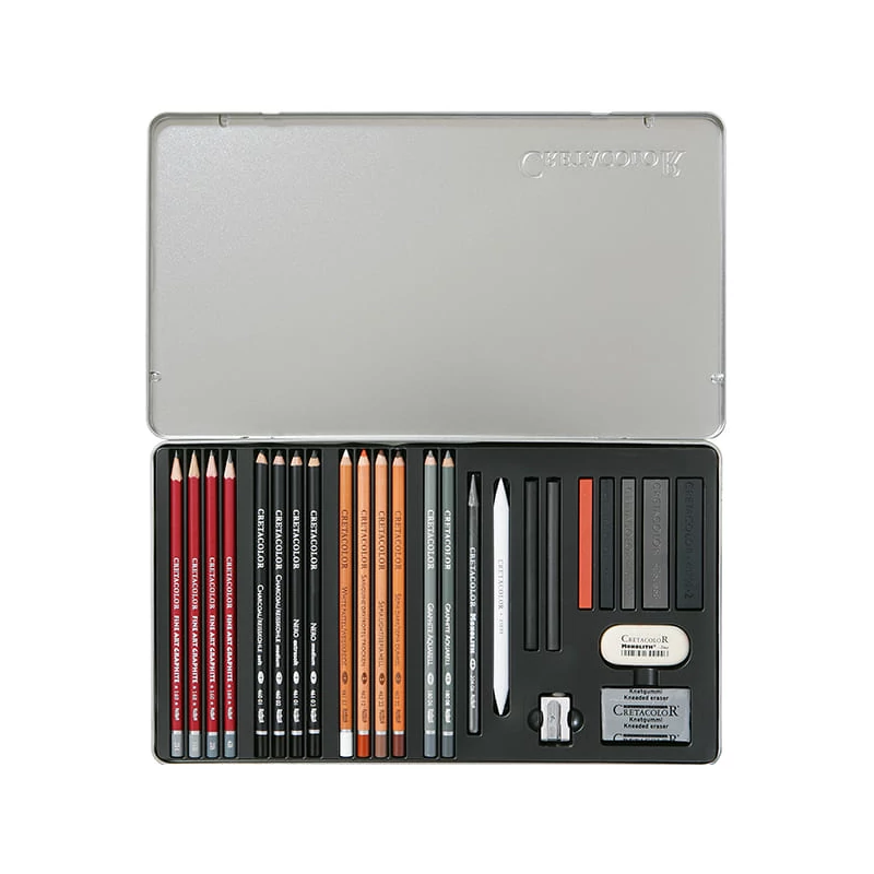 Set avansat de desen și schițe Cretacolor Teachers' Choice, 26 buc., cutie metalică