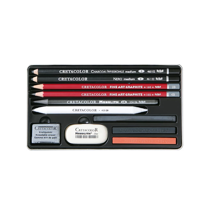 Set de desen și schițe pentru începători Cretacolor Teachers' Choice, 11 piese, cutie metalică