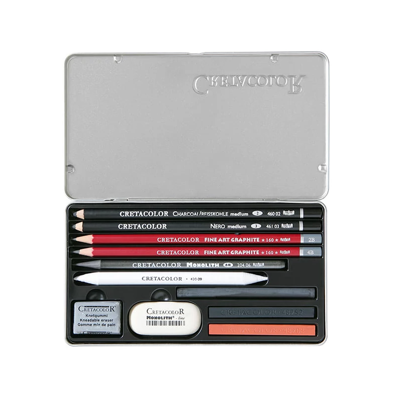 Set de desen și schițe pentru începători Cretacolor Teachers' Choice, 11 piese, cutie metalică