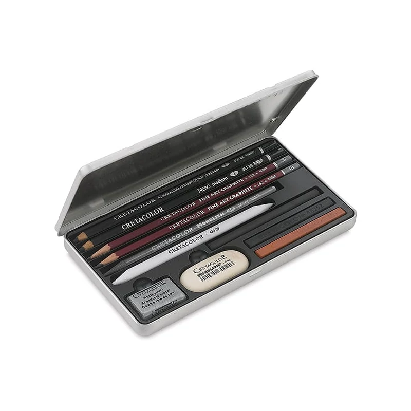 Set de desen și schițe pentru începători Cretacolor Teachers' Choice, 11 piese, cutie metalică