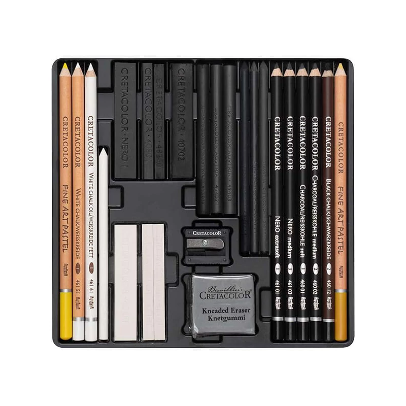 Set de desen alb-negru Cretacolor Wolf Box, 25 piese, cutie metalica