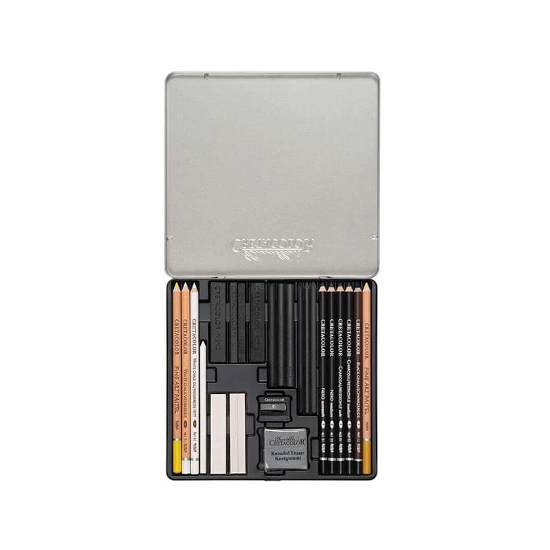 Set de desen alb-negru Cretacolor Wolf Box, 25 piese, cutie metalica