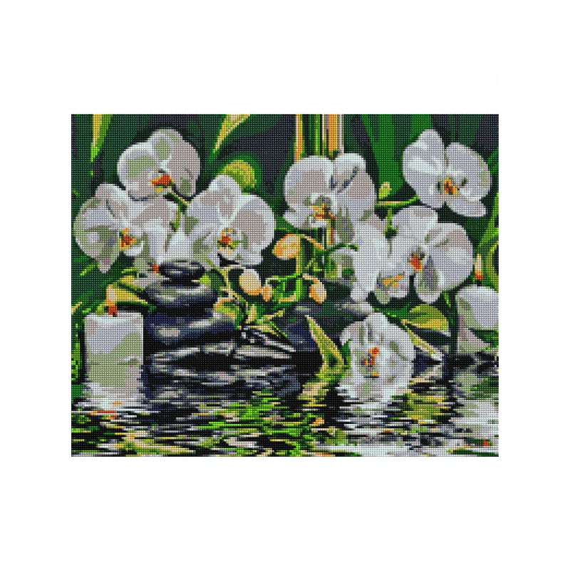 Pictură cu diamante , pe pânză întinsă , 40x50 cm - Liniste lângă  orhidee