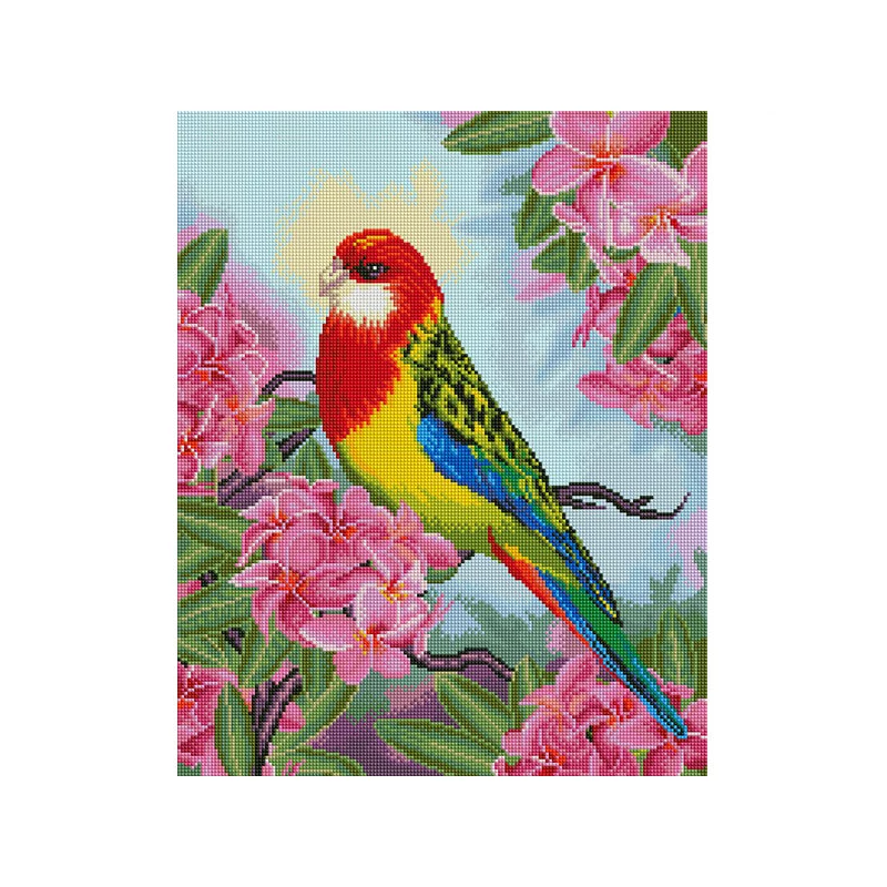Pictură cu diamante , pe pânză întinsă , 40x50 cm - Papagal printre flori