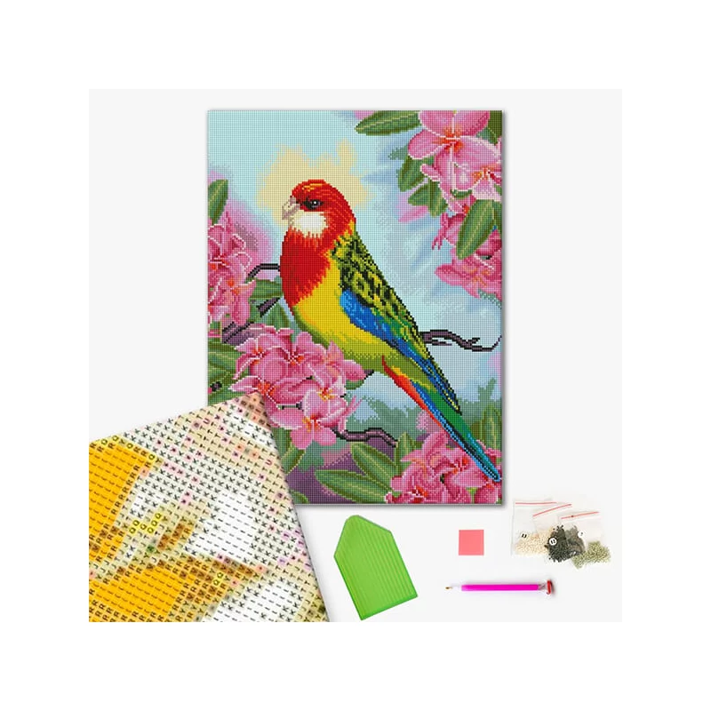 Pictură cu diamante , pe pânză întinsă , 40x50 cm - Papagal printre flori