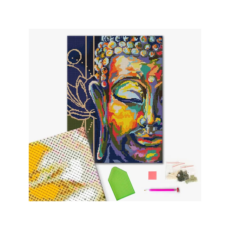 Pictură cu diamante , pe pânză întinsă , 40x50 cm - Buddha colorat