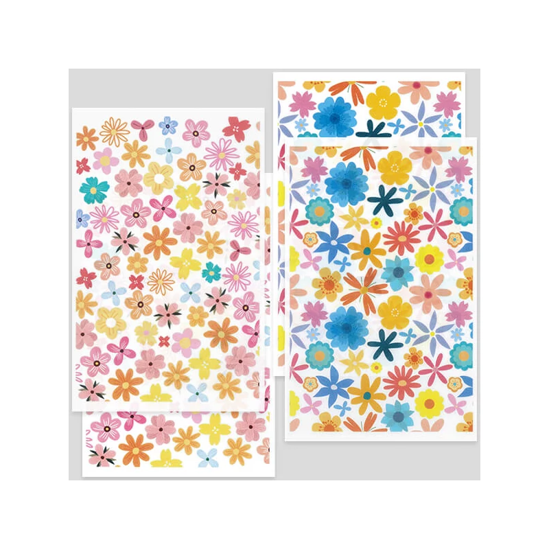 Hârtie de transfer pentru plastilina care se poate coace , 9x14 cm, 2x2 buc - flori colorate stilizate - mici, mari