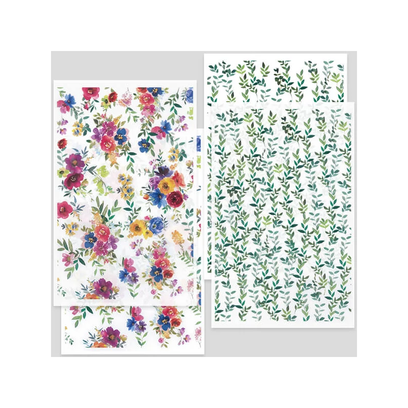 Hârtie de transfer pentru plastilina care se poate coace , 9x14 cm, 2x2 buc - buchete de flori, frunze - multicolor, verde