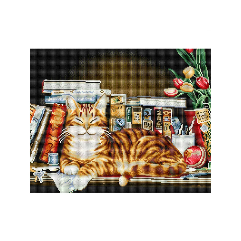 Pictură cu diamante , pe pânză întinsă , 40x50 cm - Pisica pe raft