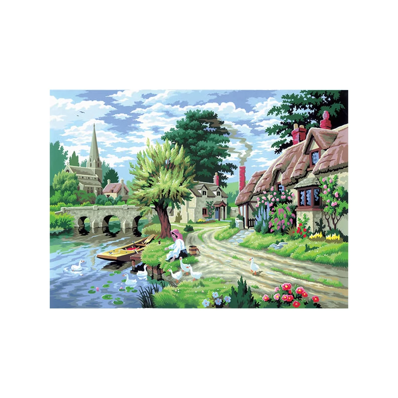 Set de colorat după numere, culori acrilice+pensulă, 29x39 cm - Hranirea rațelor