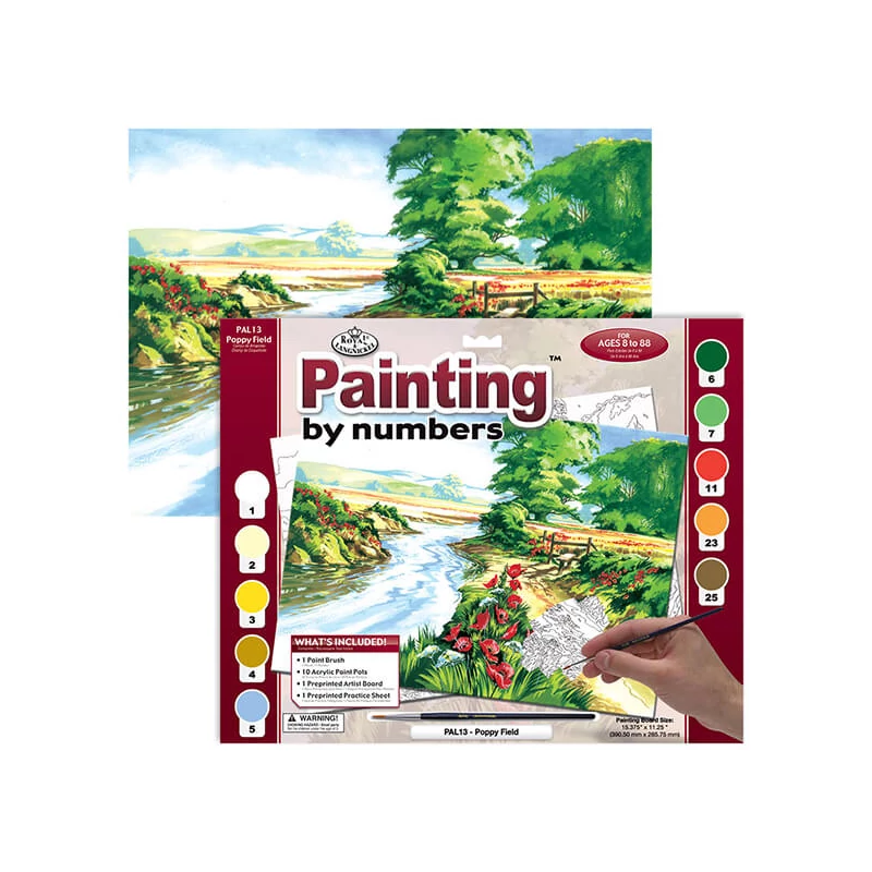 Set de colorat după numere, culori acrilice+pensulă, 29x39 cm - Camp de mac
