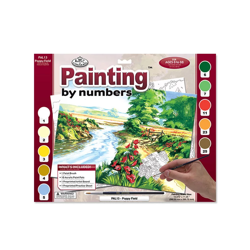 Set de colorat după numere, culori acrilice+pensulă, 29x39 cm - Camp de mac