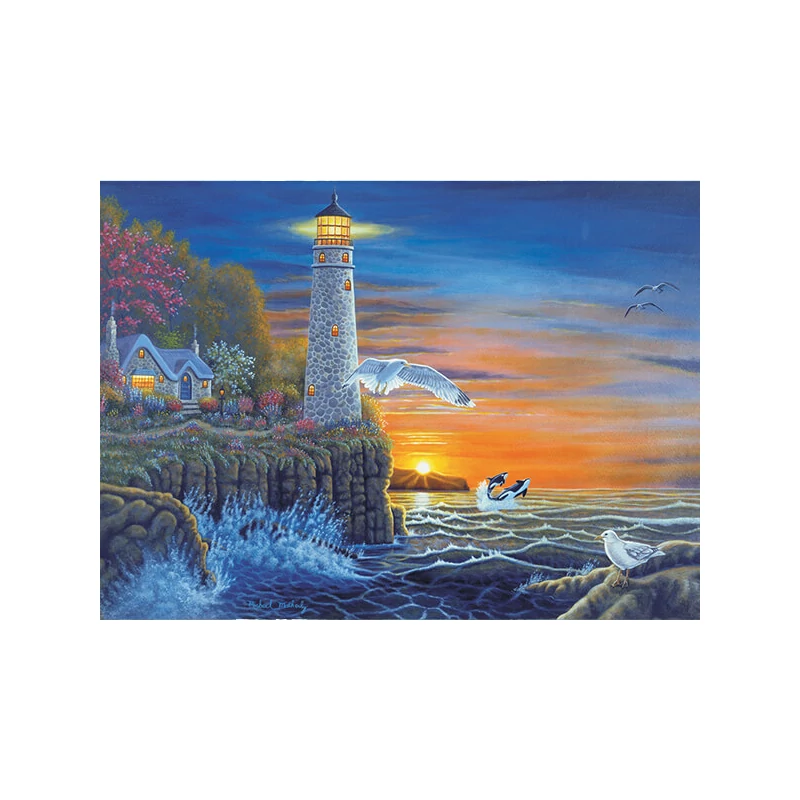 Set de colorat după numere, culori acrilice+pensulă, 29x39 cm - Far de la malul apei