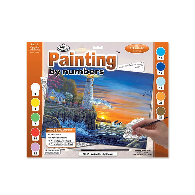Set de colorat după numere, culori acrilice+pensulă, 29x39 cm - Far de la malul apei