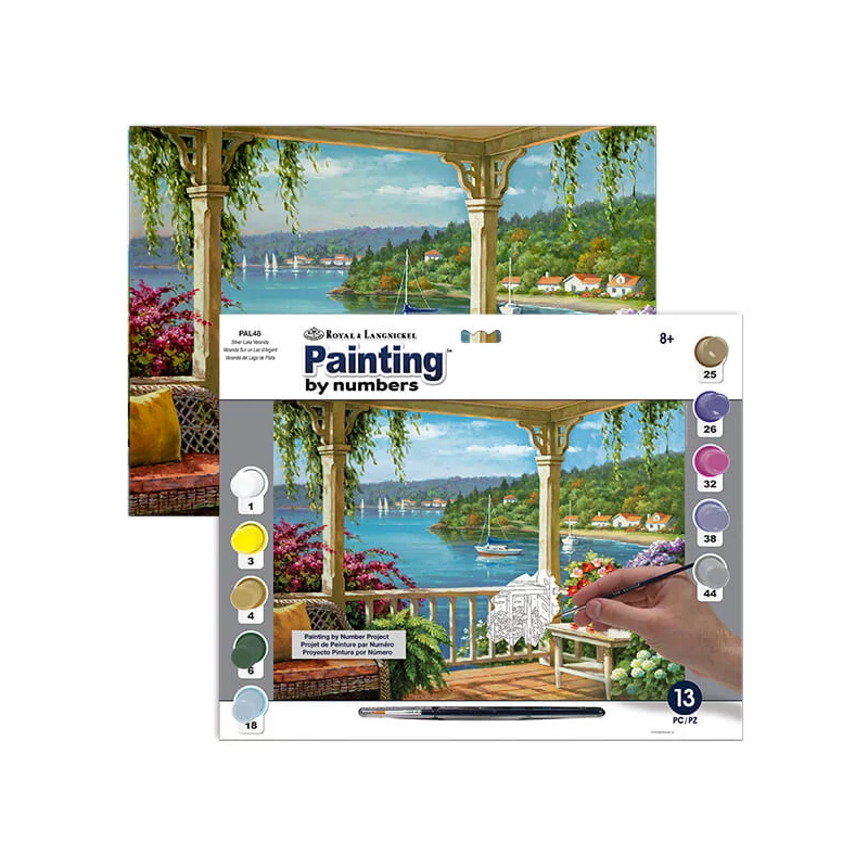 Set de colorat după numere, culori acrilice+pensulă, 29x39 cm - Verandă lac argintie